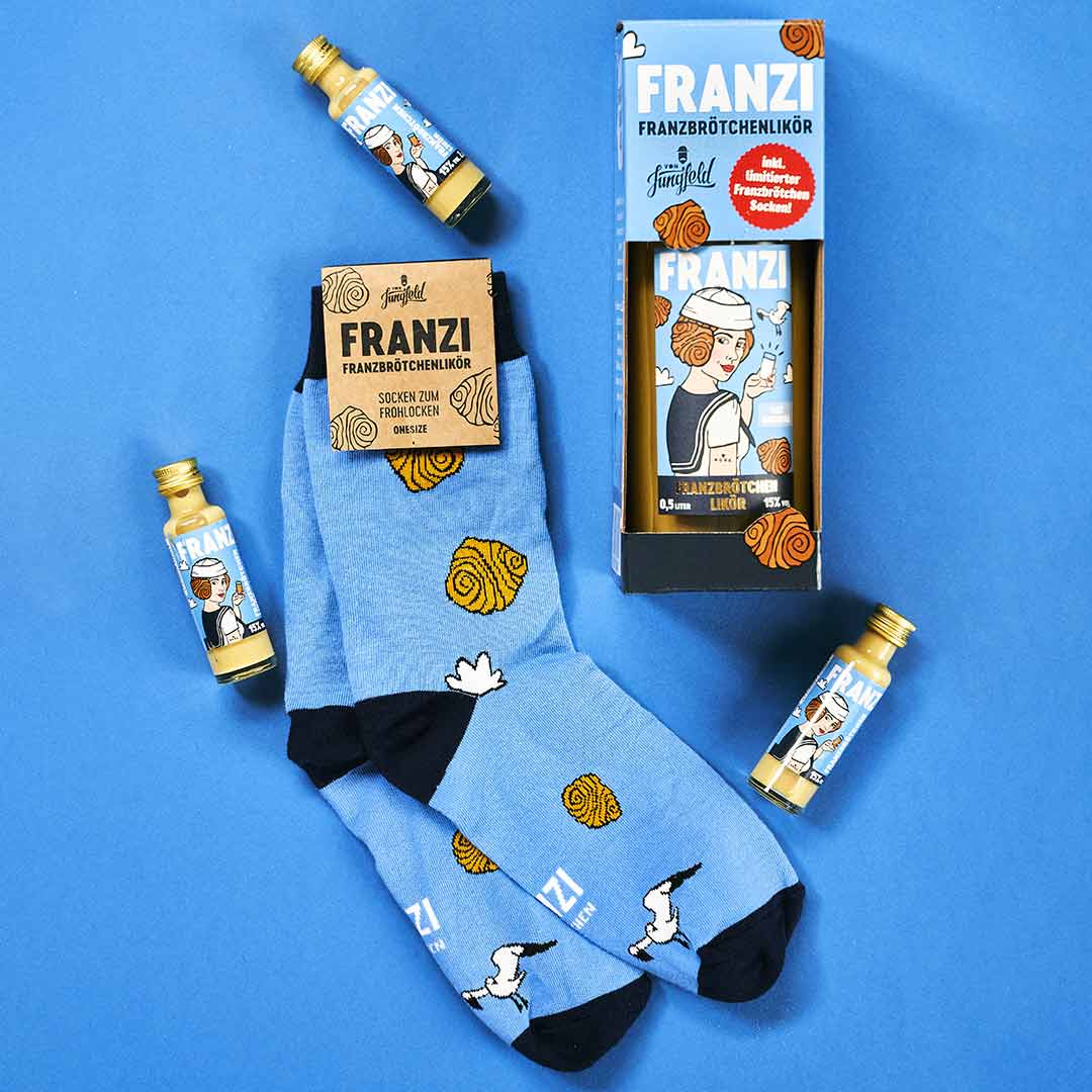 Geschenkbox l Franzi Franzbrötchenlikör mit Franzbrötchensocken